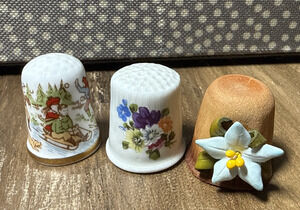 3 Vtg Porcelain & Paper Thimbles - Caverswall England- Christmas- Canada- Flower
